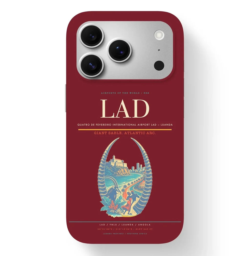 Luanda Airport (LAD) design on dark red iPhone 17 Pro MagSafe case