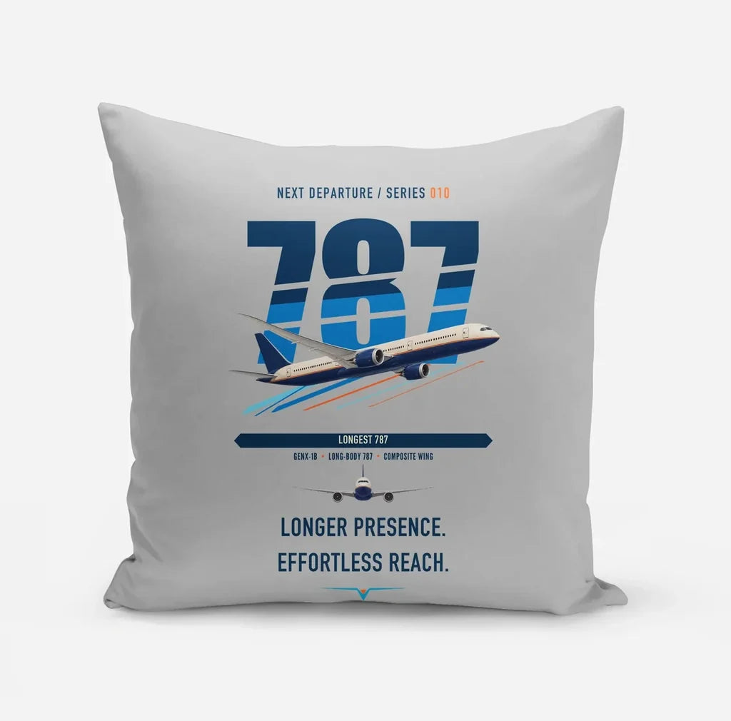 Boeing 787-10 Dreamliner design on light gray pillow