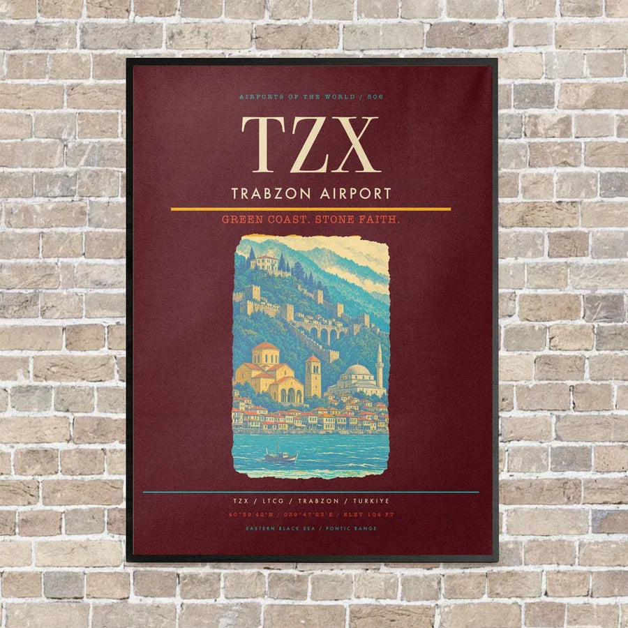 Trabzon Airport TZX vertical canvas print - framed - dark red background