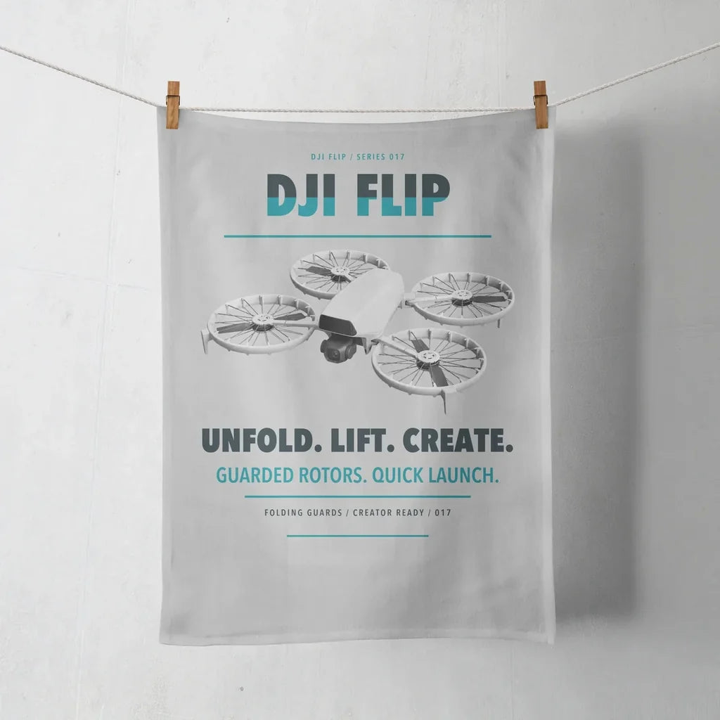 DJI Flip design on light gray towel