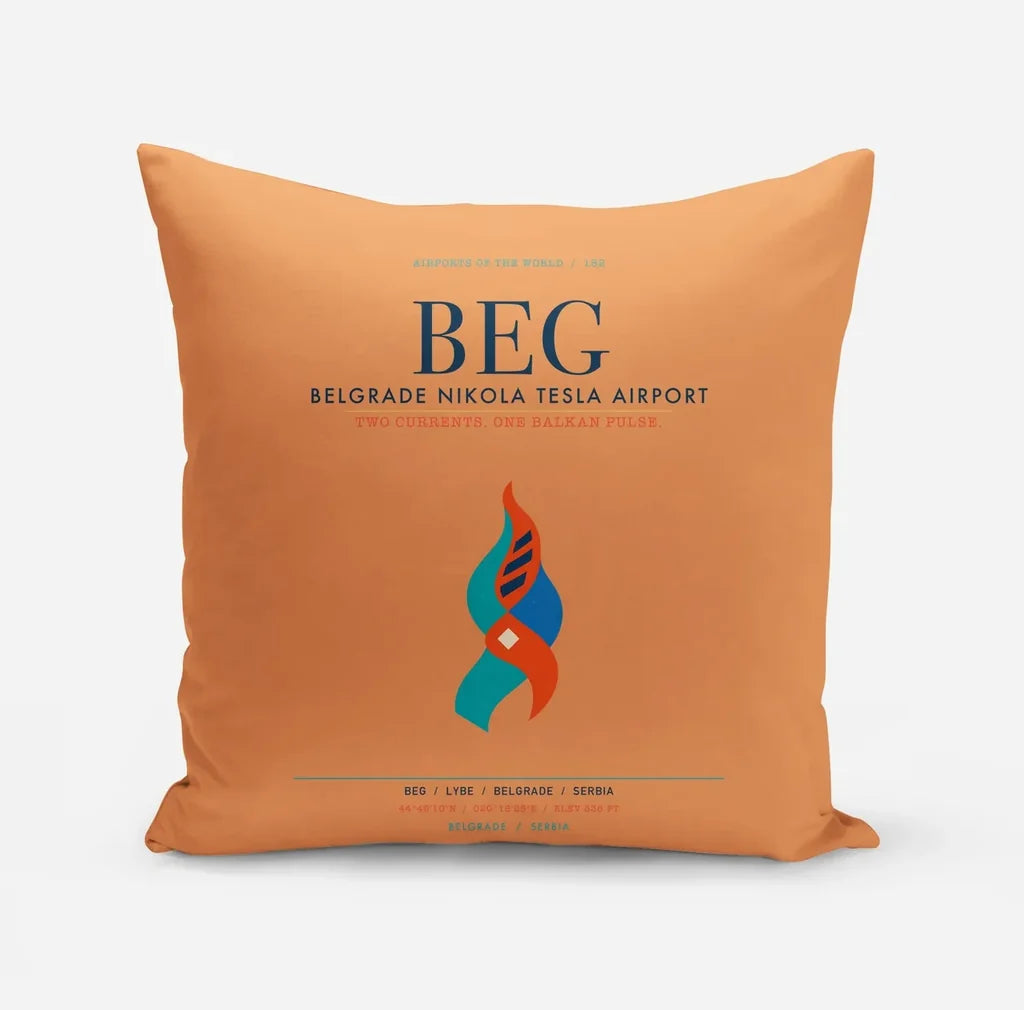 Belgrade Nikola Tesla Airport (BEG) design on orange pillow