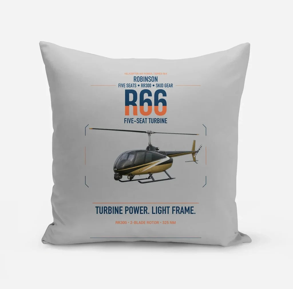 Robinson R66 design on light gray pillow