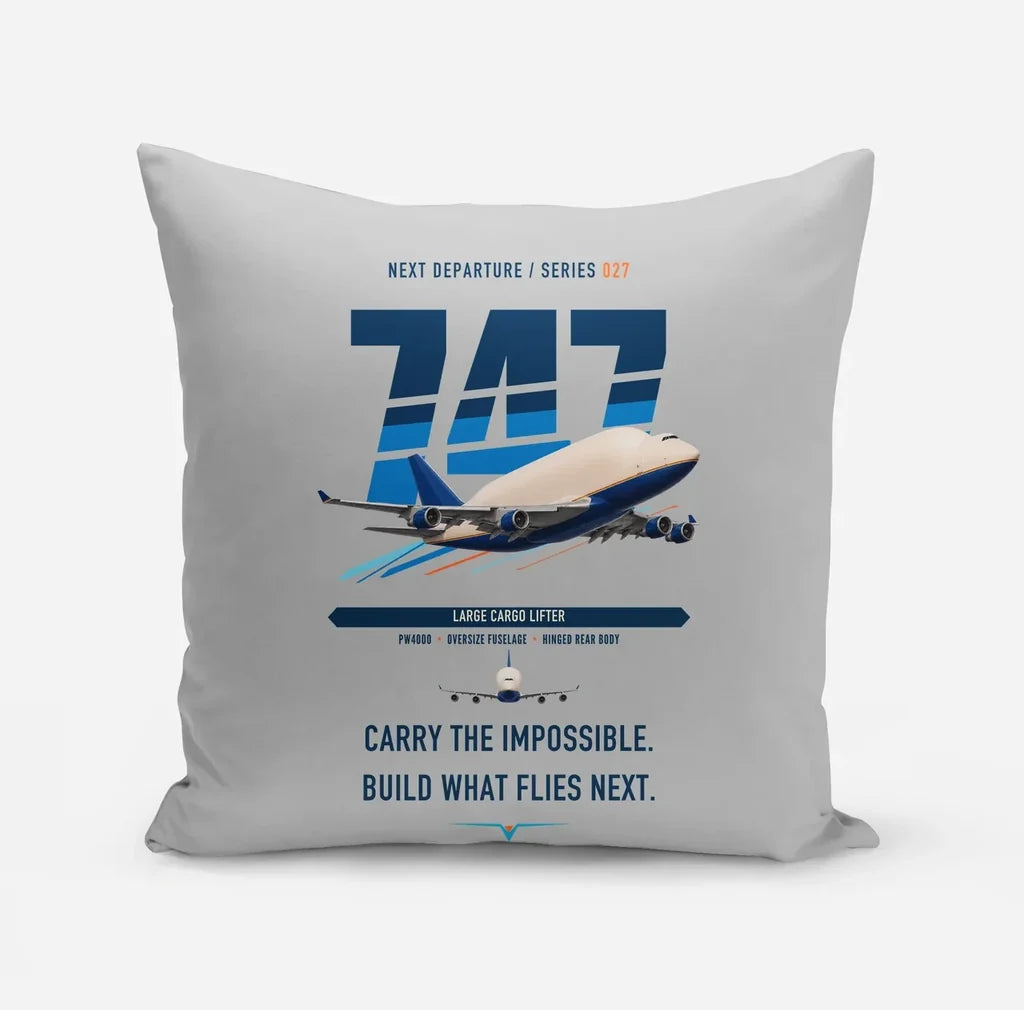 Boeing 747-400 Dreamlifter design on light gray pillow