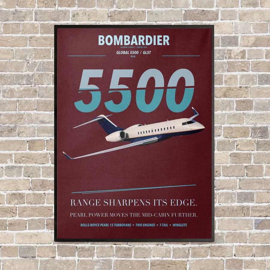 Bombardier Global 5500 vertical canvas print - framed - dark red background