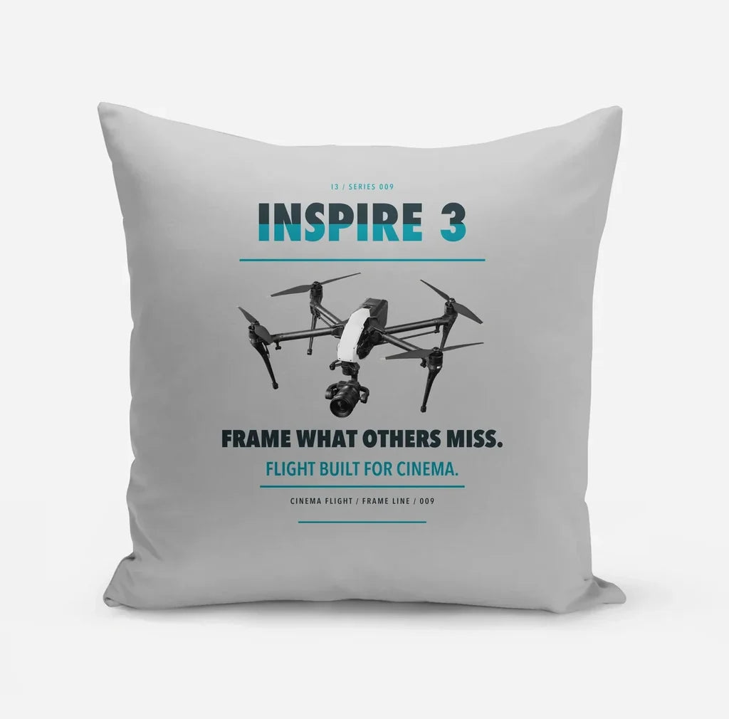 DJI Inspire 3 design on light gray pillow