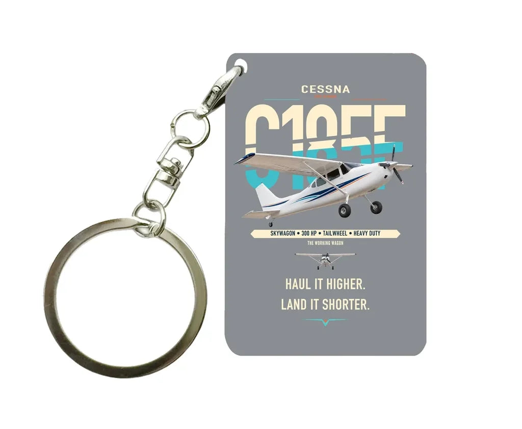 Cessna A185F Skywagon design on gray designed key chain, double-side print