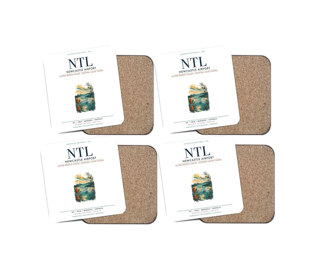 Newcastle Airport (NTL) design on white 4 pieces set coaster