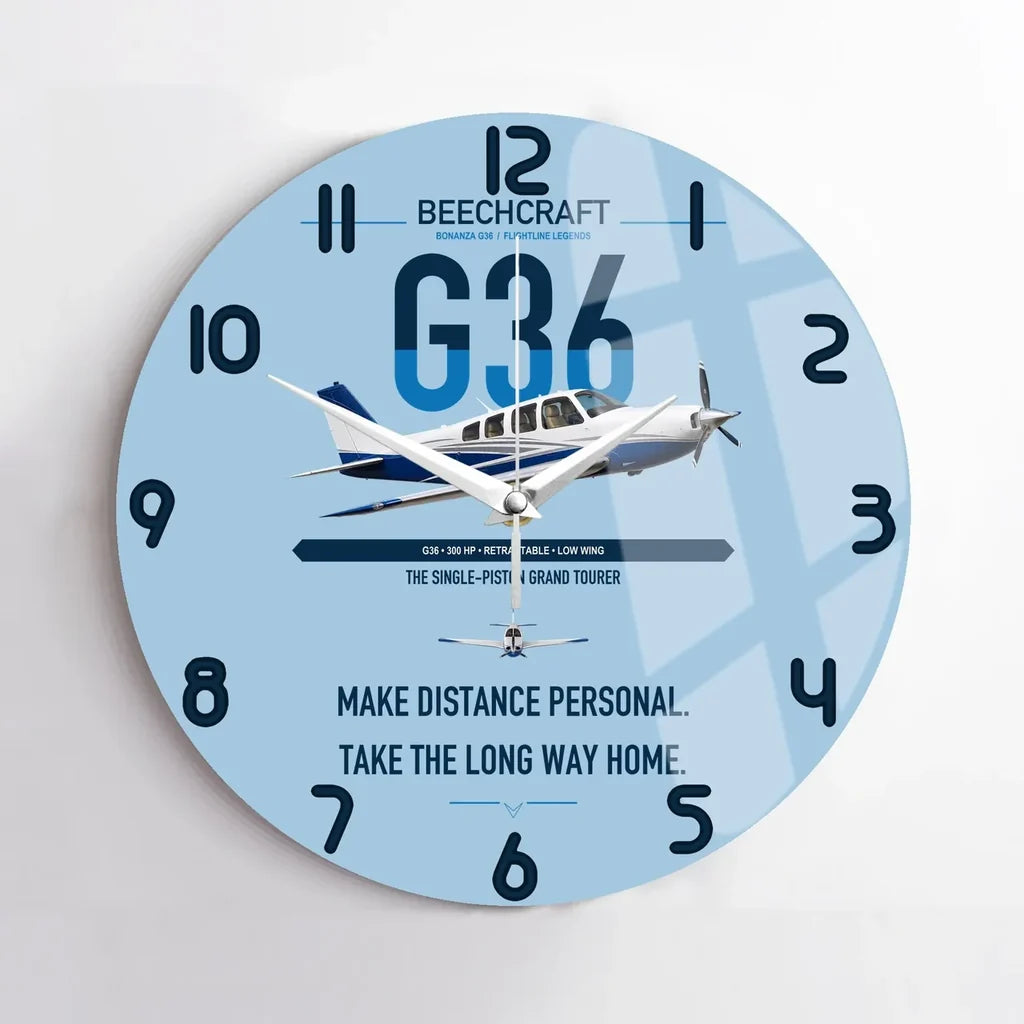 Beechcraft Bonanza G36 design on light blue no frame wall clock