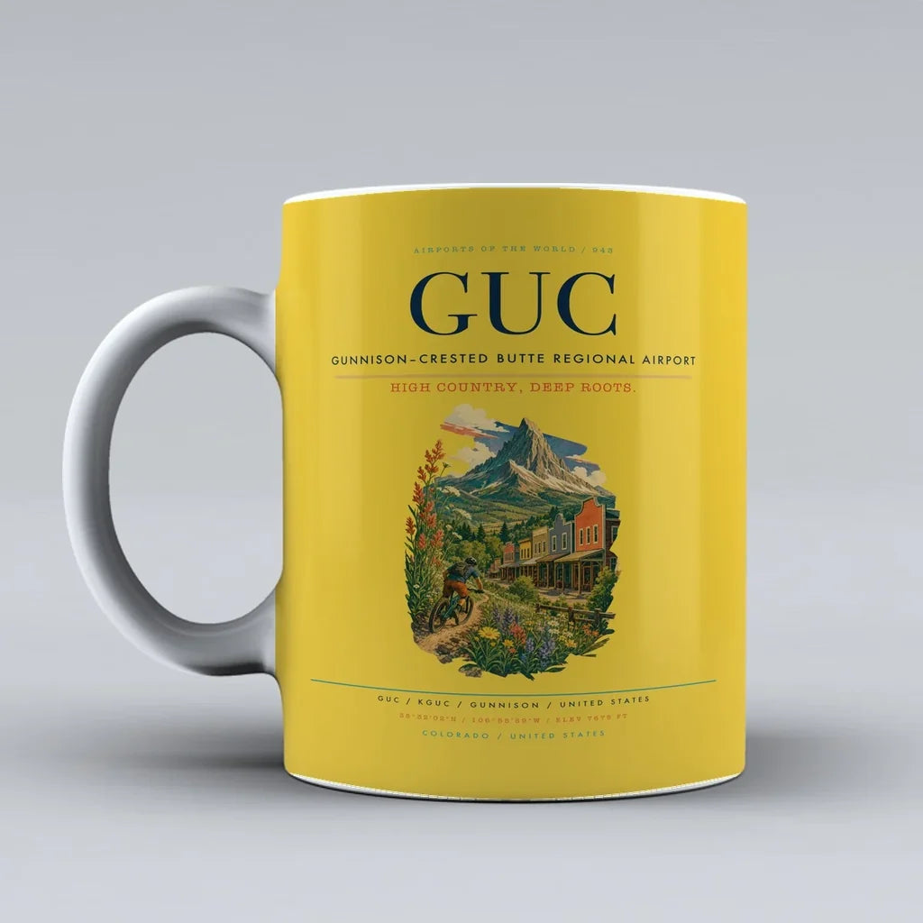 Gunnison–Crested Butte Regional Airport (GUC) airport code design on yellow ceramic mug