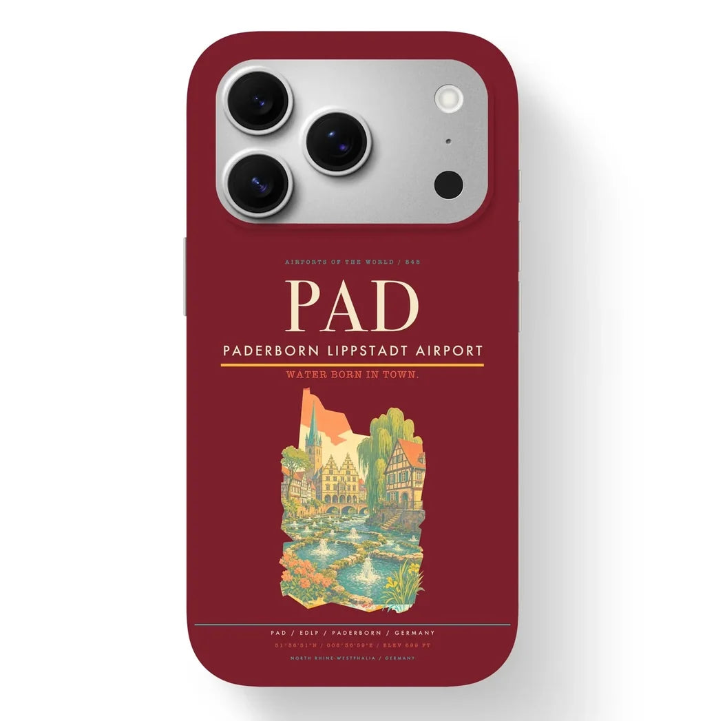 Paderborn Airport (PAD) design on dark red iPhone 17 Pro MagSafe case