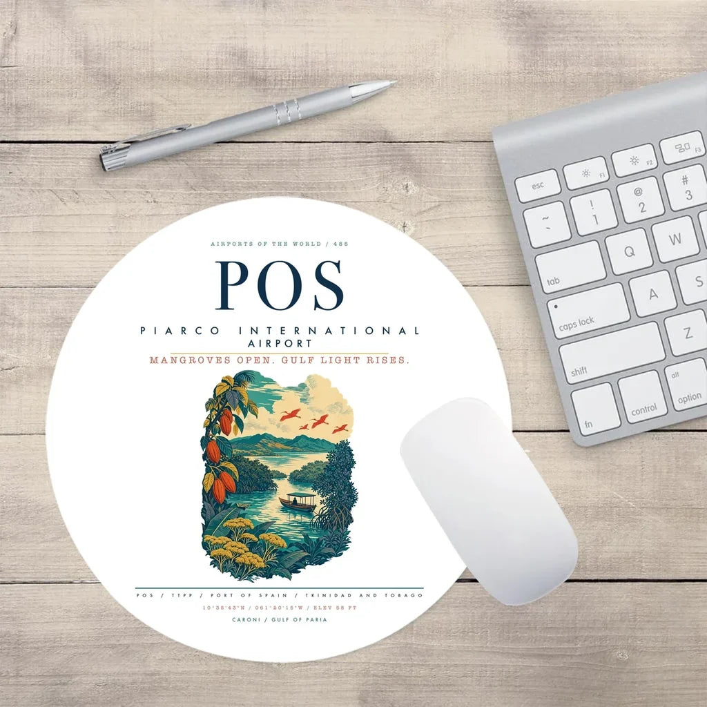 Piarco International Airport (POS) design on white round mouse pad