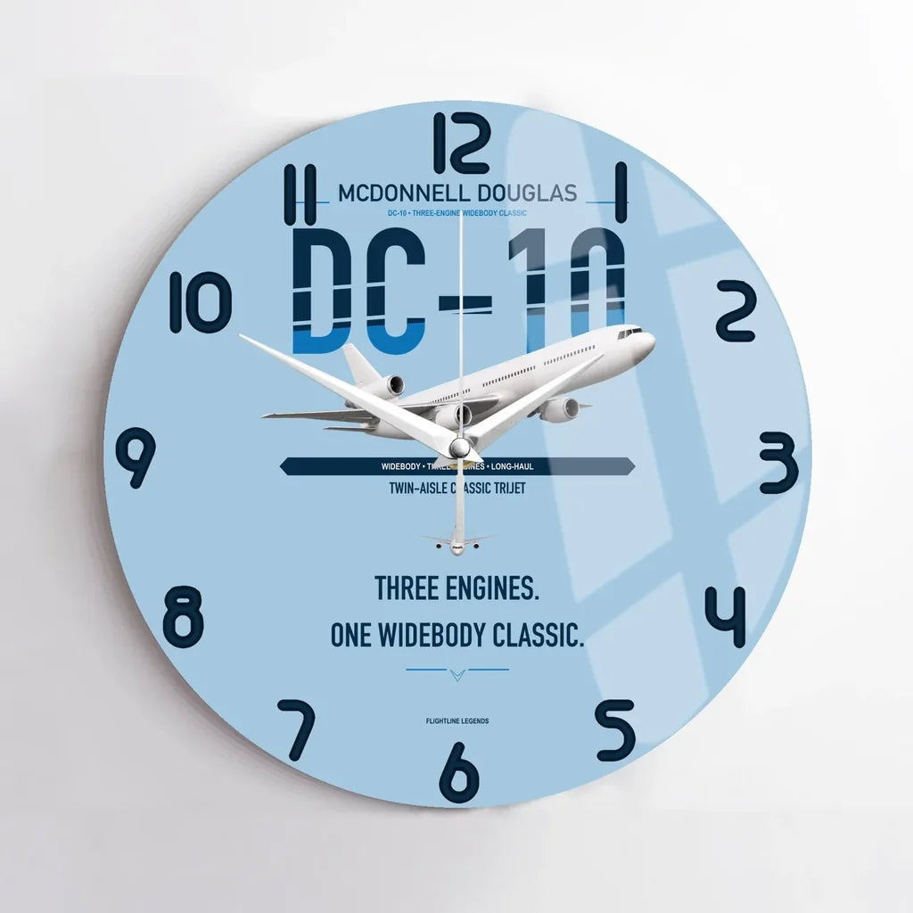 McDonnell Douglas DC-10 design on light blue no frame wall clock