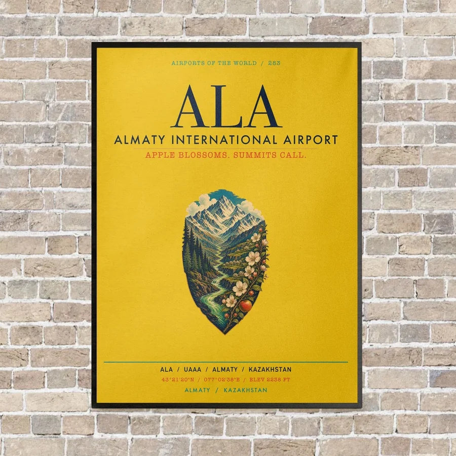 Almaty International Airport ALA vertical canvas print - framed - yellow background
