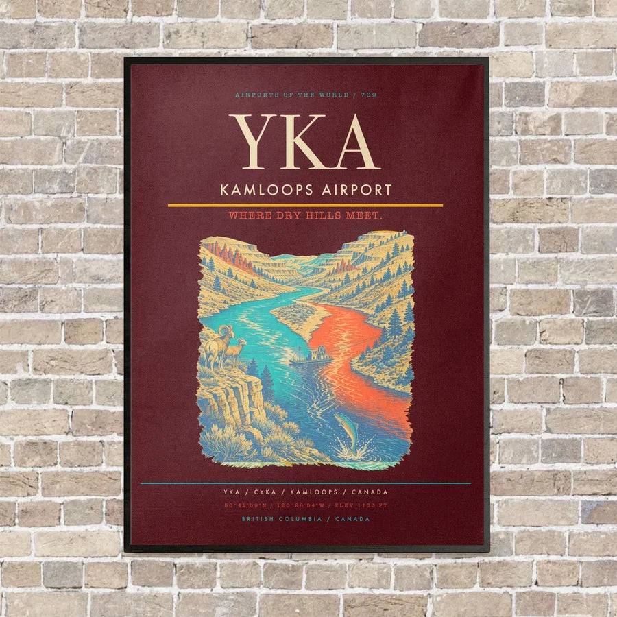 Kamloops Airport YKA vertical canvas print - framed - dark red background