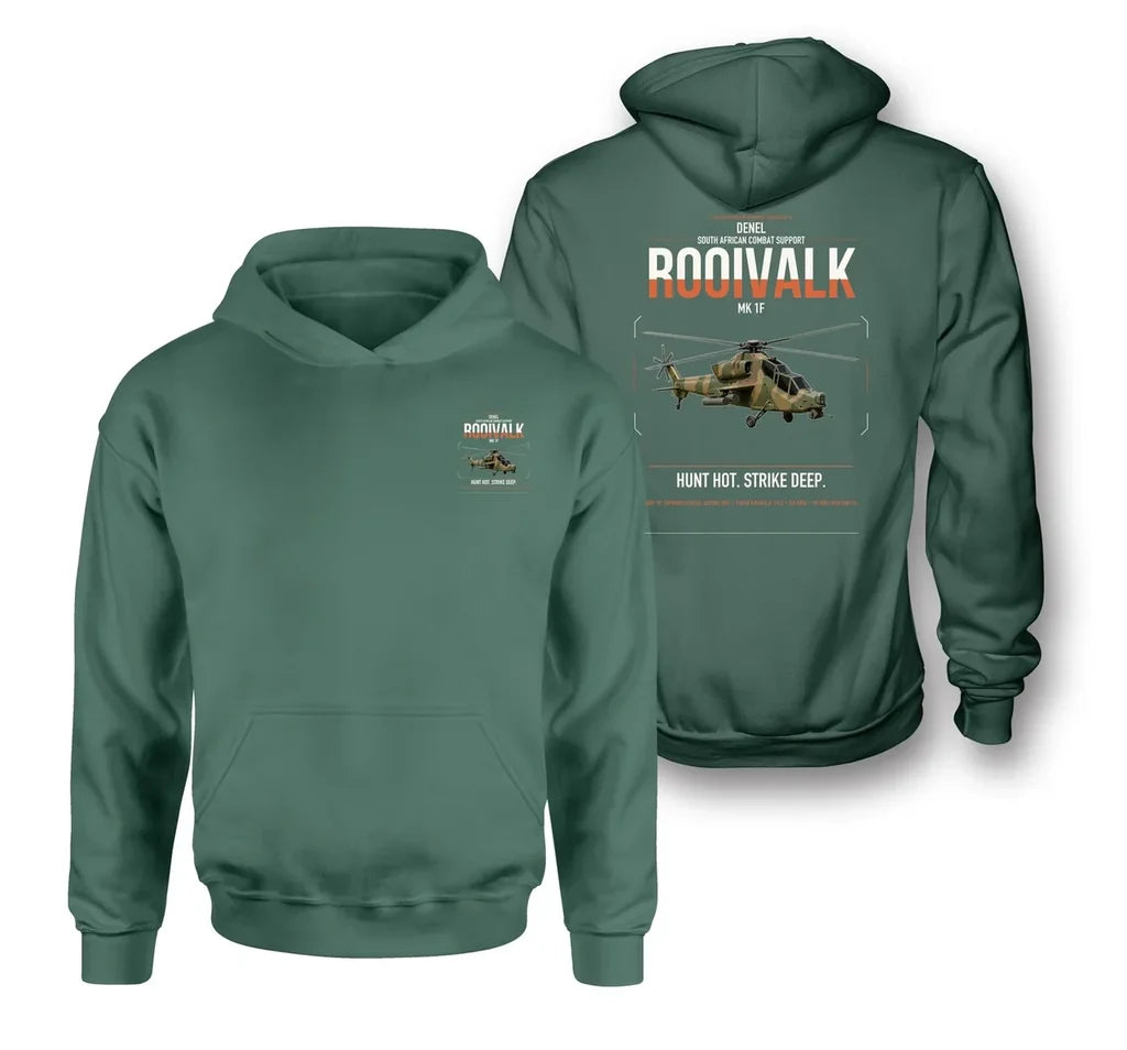 Denel Rooivalk Mk 1F design on green double-side hoodie, double-side print
