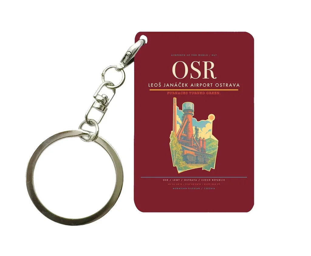 Leoš Janáček Airport Ostrava (OSR) design on dark red key chain