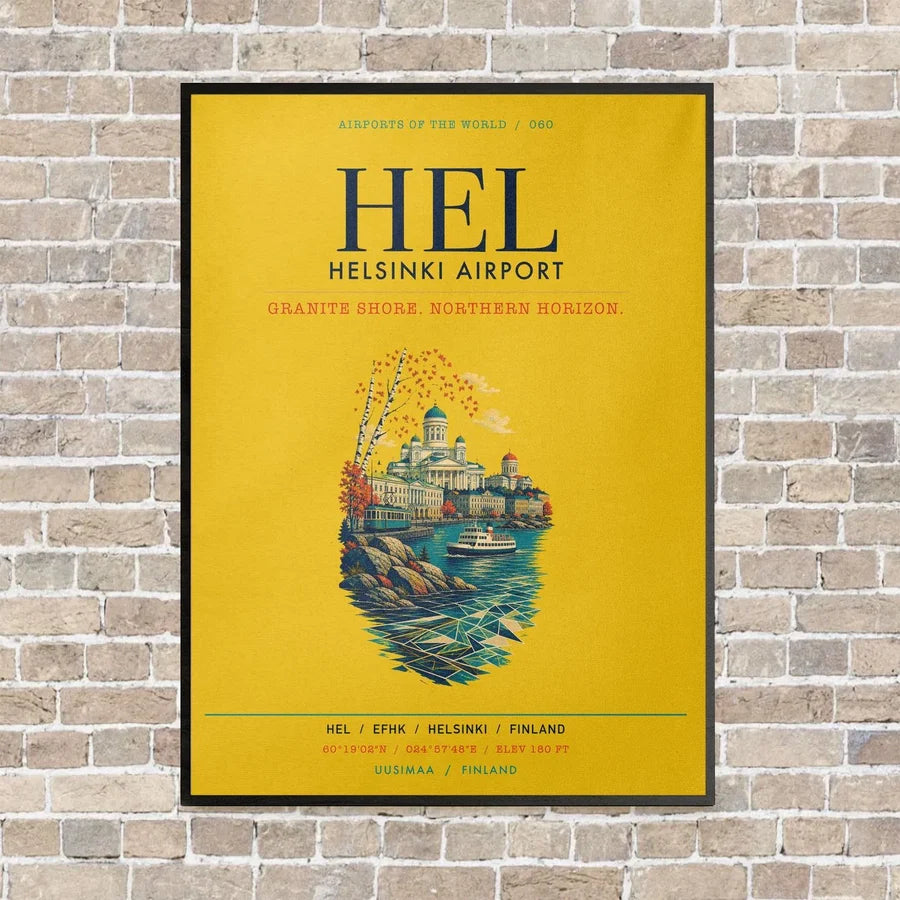 Helsinki Airport HEL vertical canvas print - framed - yellow background