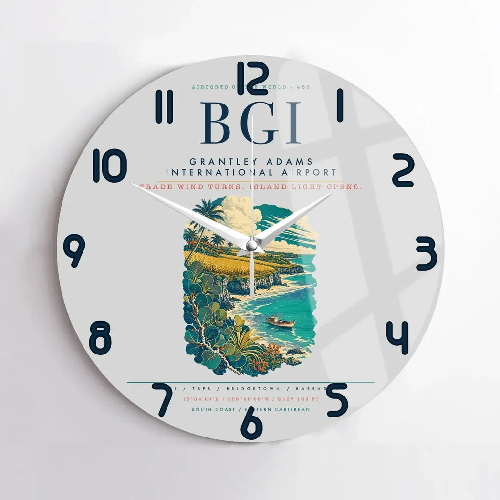 Grantley Adams International Airport (BGI) design on light gray no frame wall clock