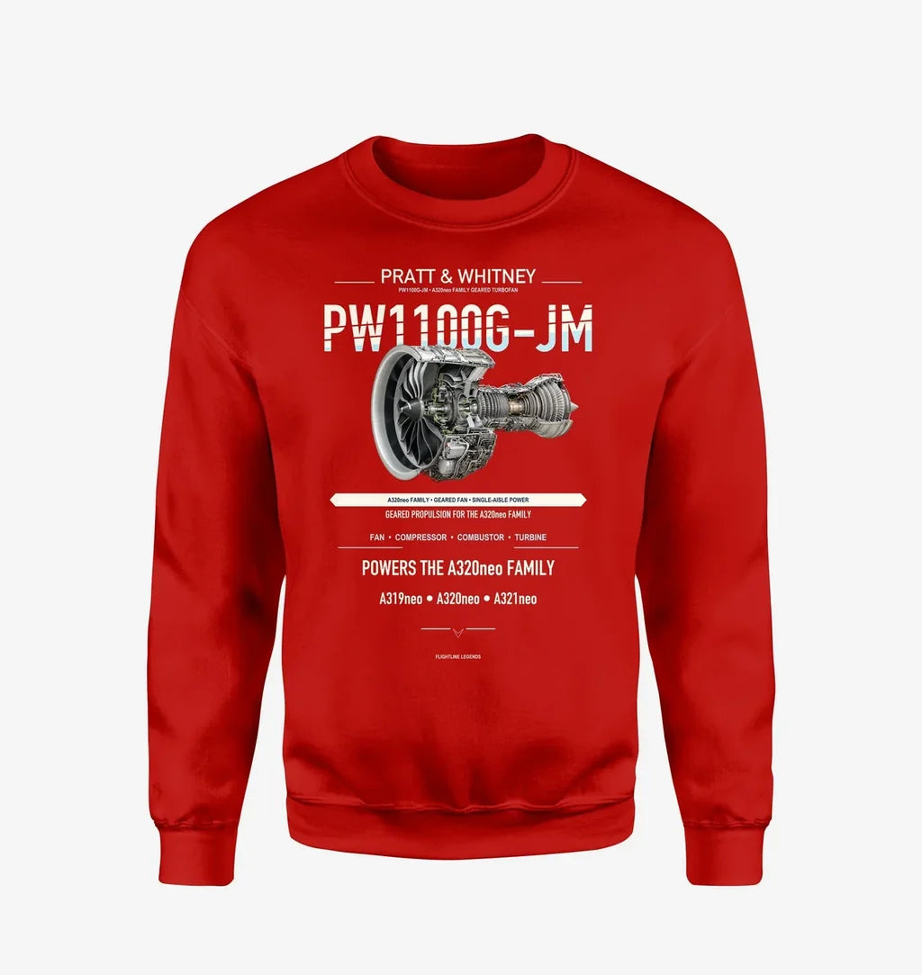 PW1100G-JM design on red sweatshirt