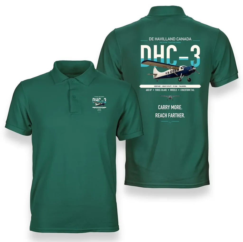 DHC-3 Otter design on green double-side polo t-shirt, double-side print