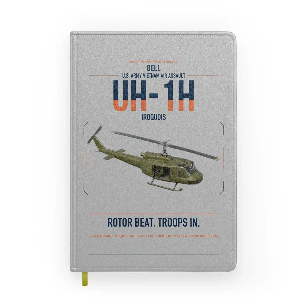 Bell UH-1H Iroquois design on light gray notebook