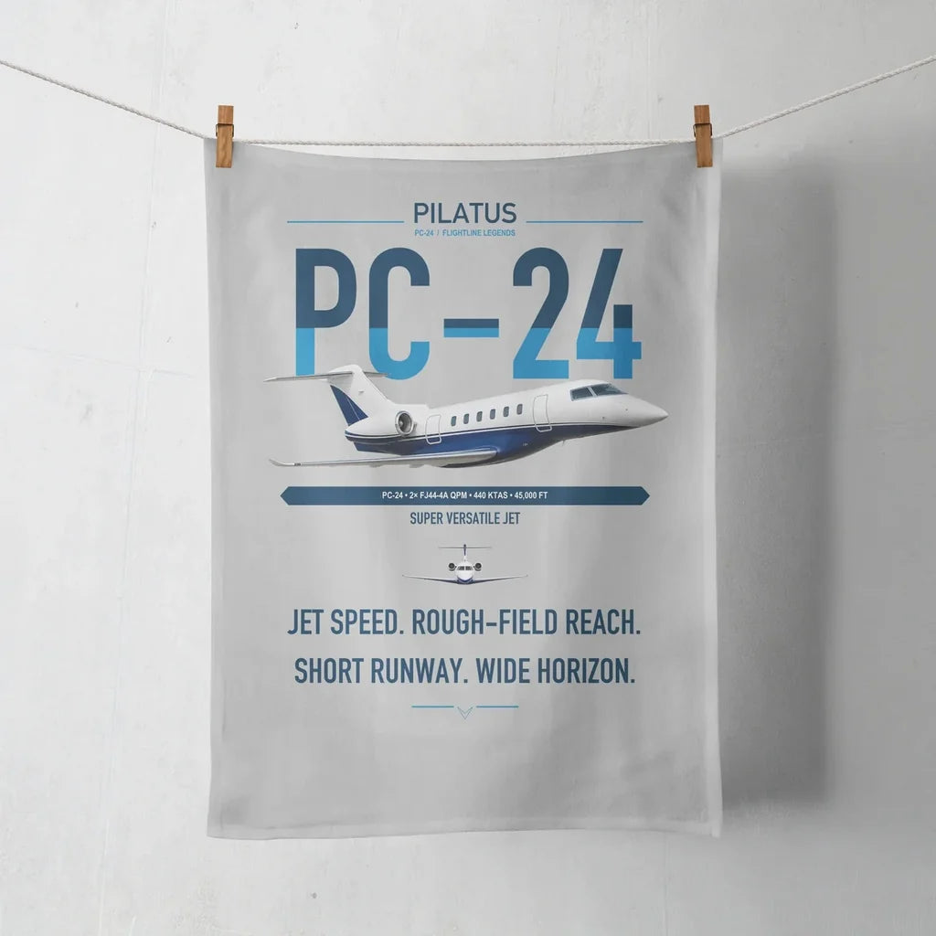 Pilatus PC-24 design on light gray towel