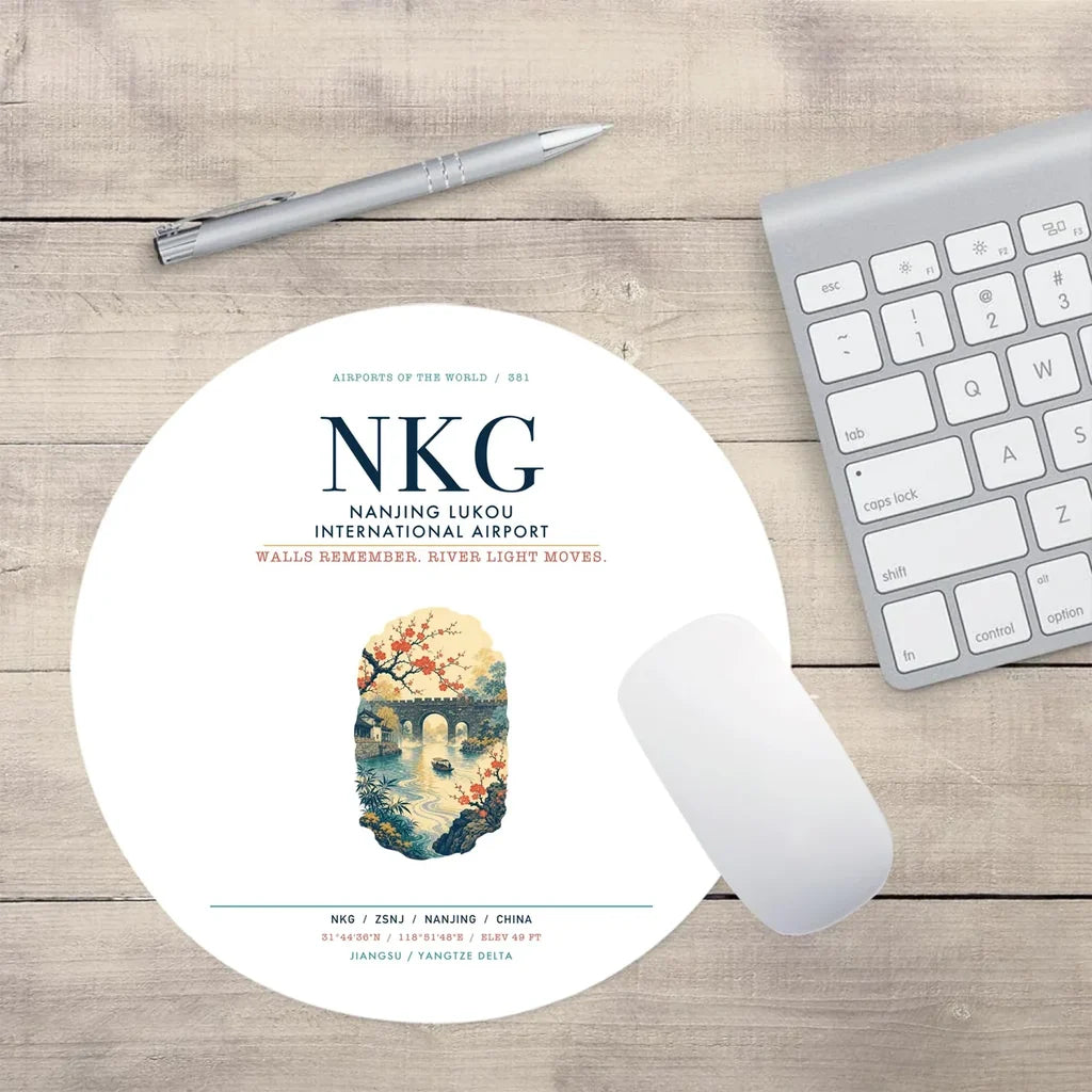 Nanjing Lukou International Airport (NKG) design on white round mouse pad