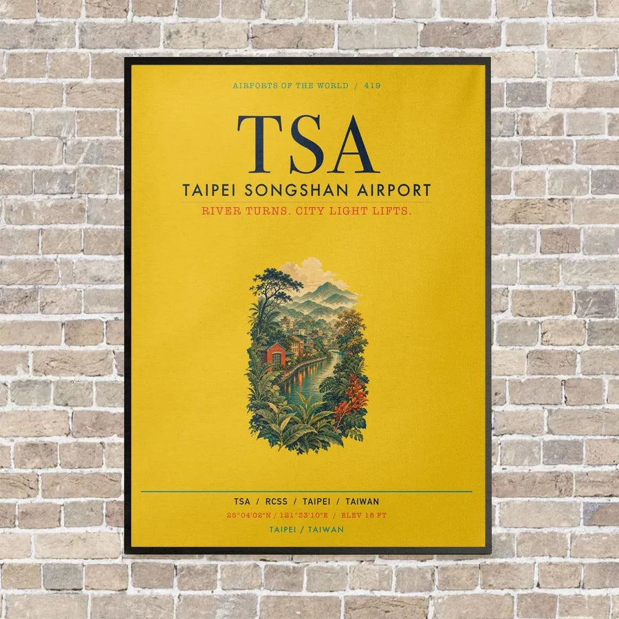 Taipei Songshan Airport TSA vertical canvas print - framed - yellow background