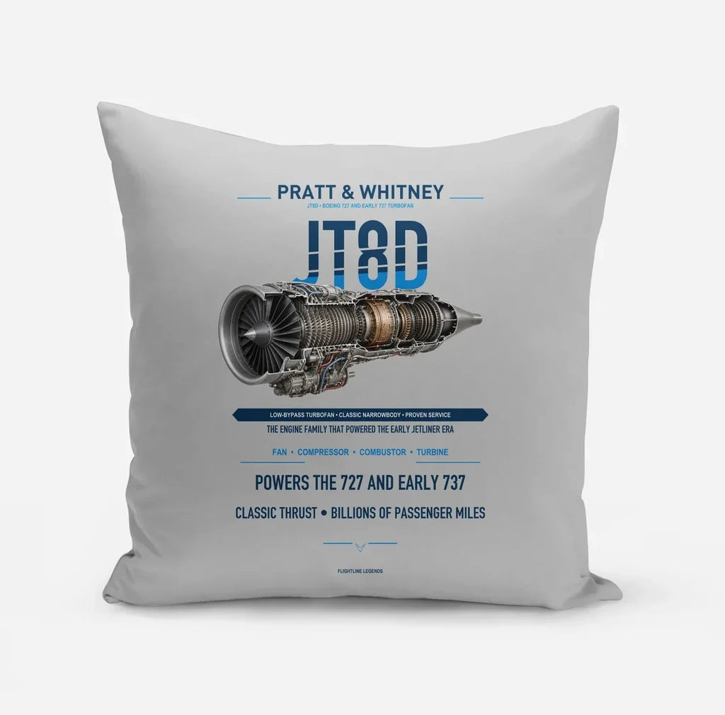 JT8D design on light gray pillow