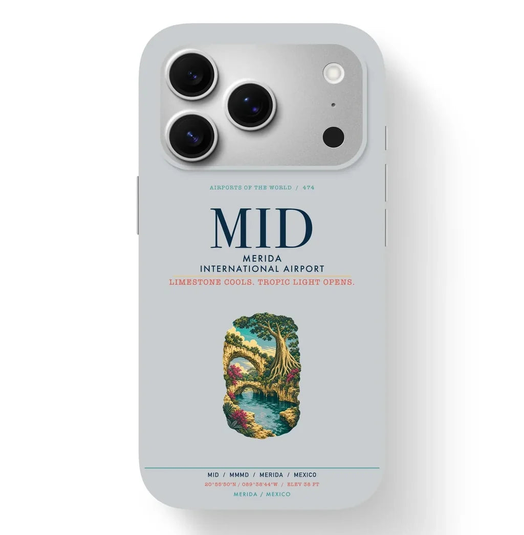 Merida Airport (MID) design on light gray iPhone 17 Pro MagSafe case