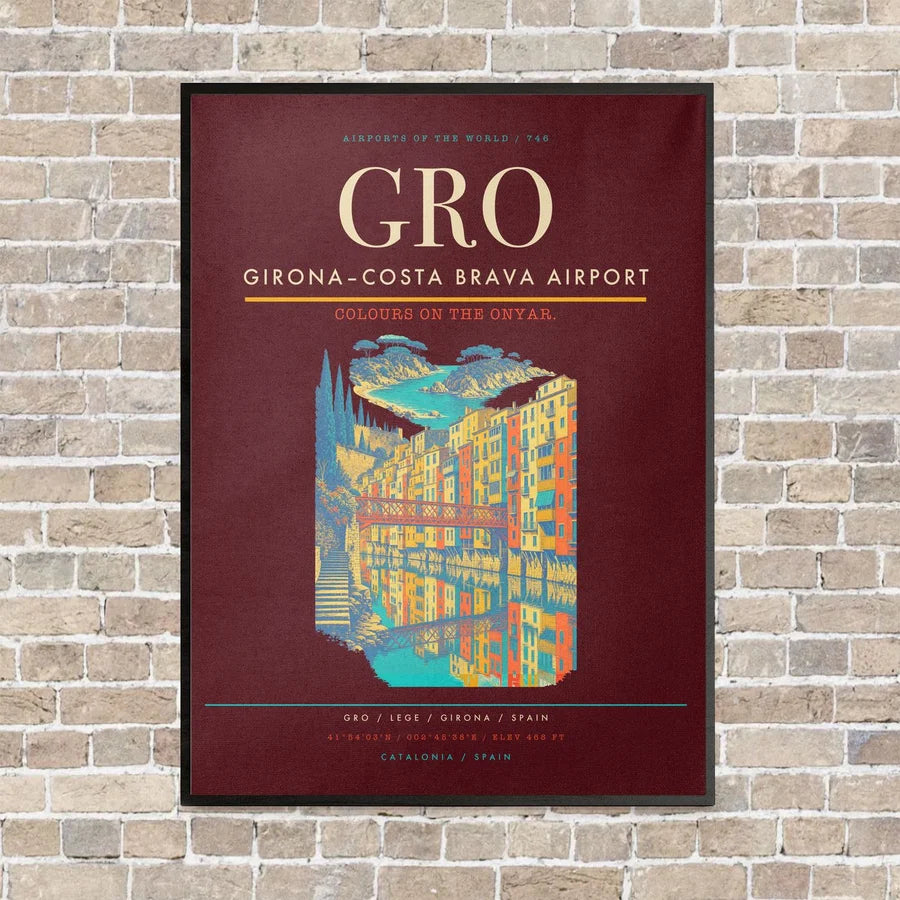 Girona–Costa Brava Airport GRO vertical canvas print - framed - dark red background