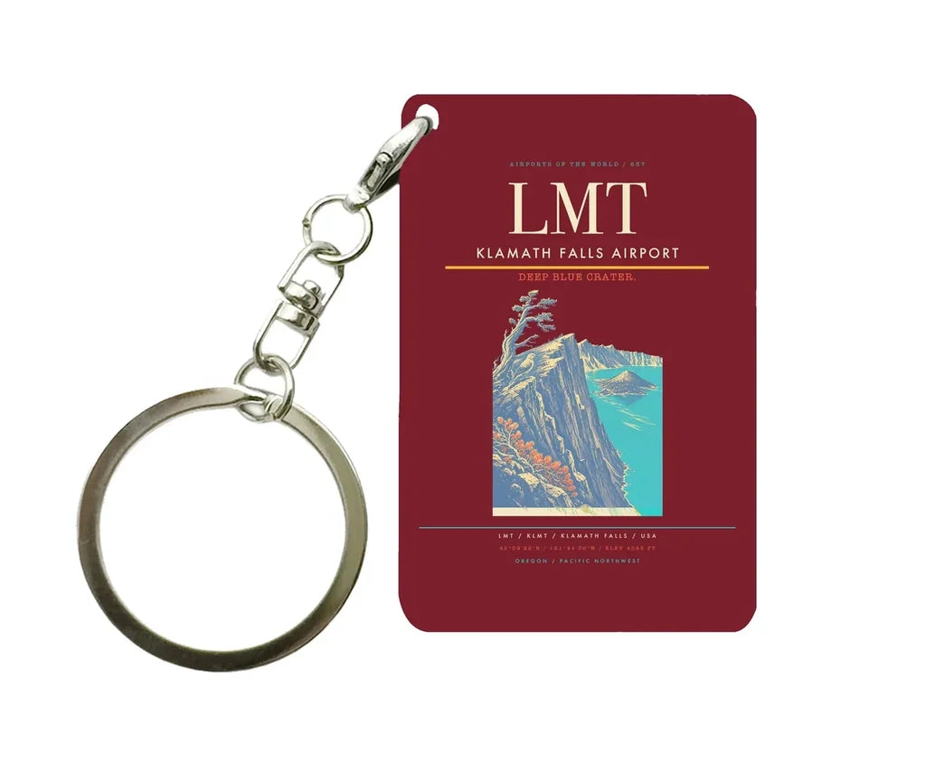 Klamath Falls Airport (LMT) design on dark red key chain