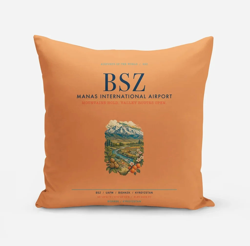 Manas International Airport Bishkek (BSZ) design on orange pillow