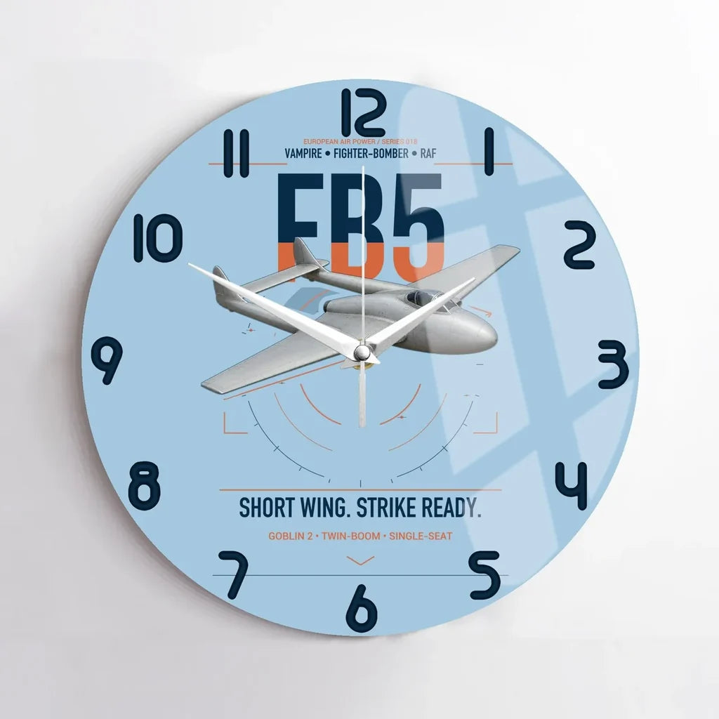 de Havilland Vampire FB5 design on light blue no frame wall clock