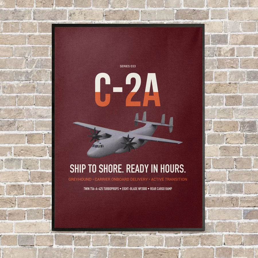 C-2A Greyhound vertical canvas print - framed - dark red background