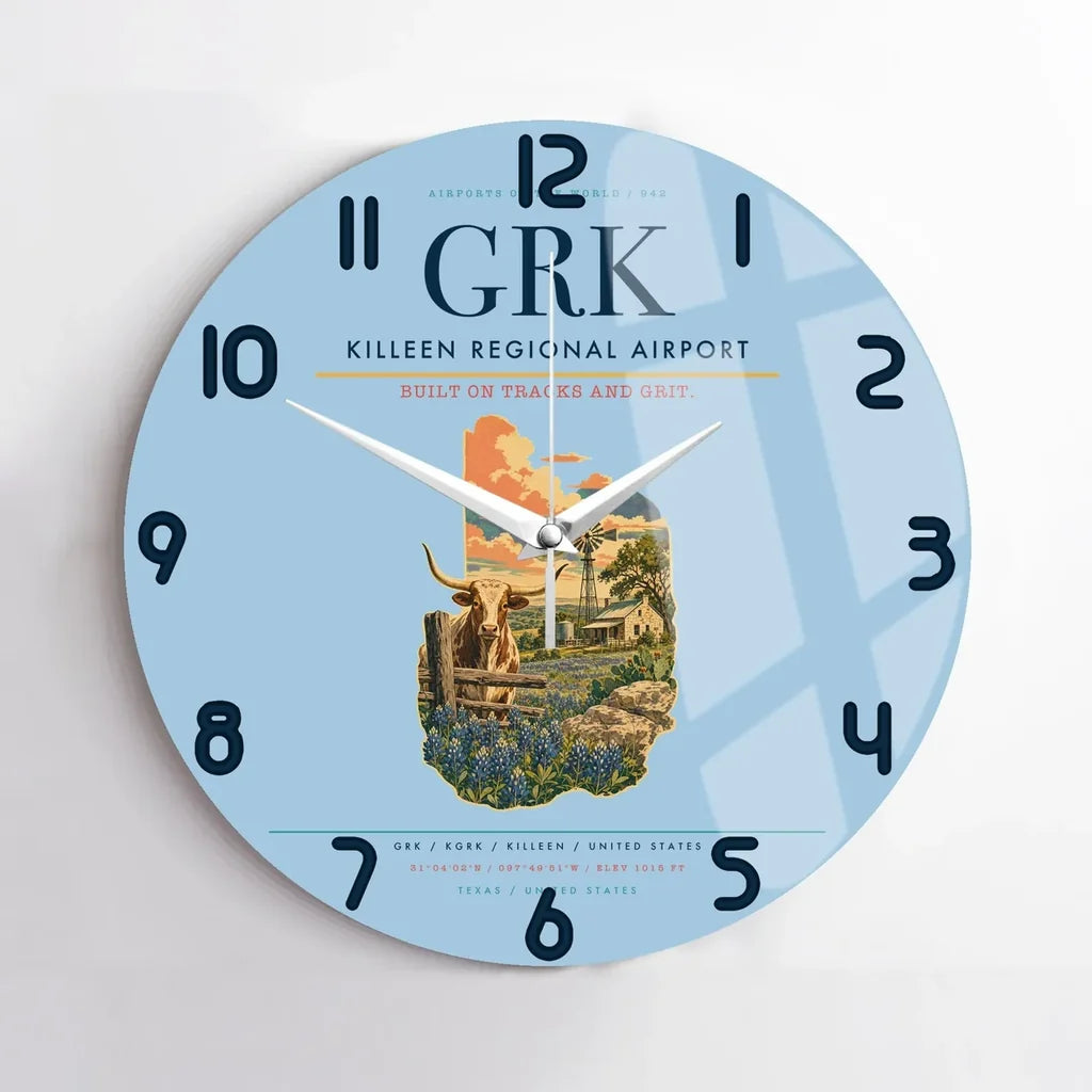 Killeen Regional Airport (GRK) design on light blue no frame wall clock