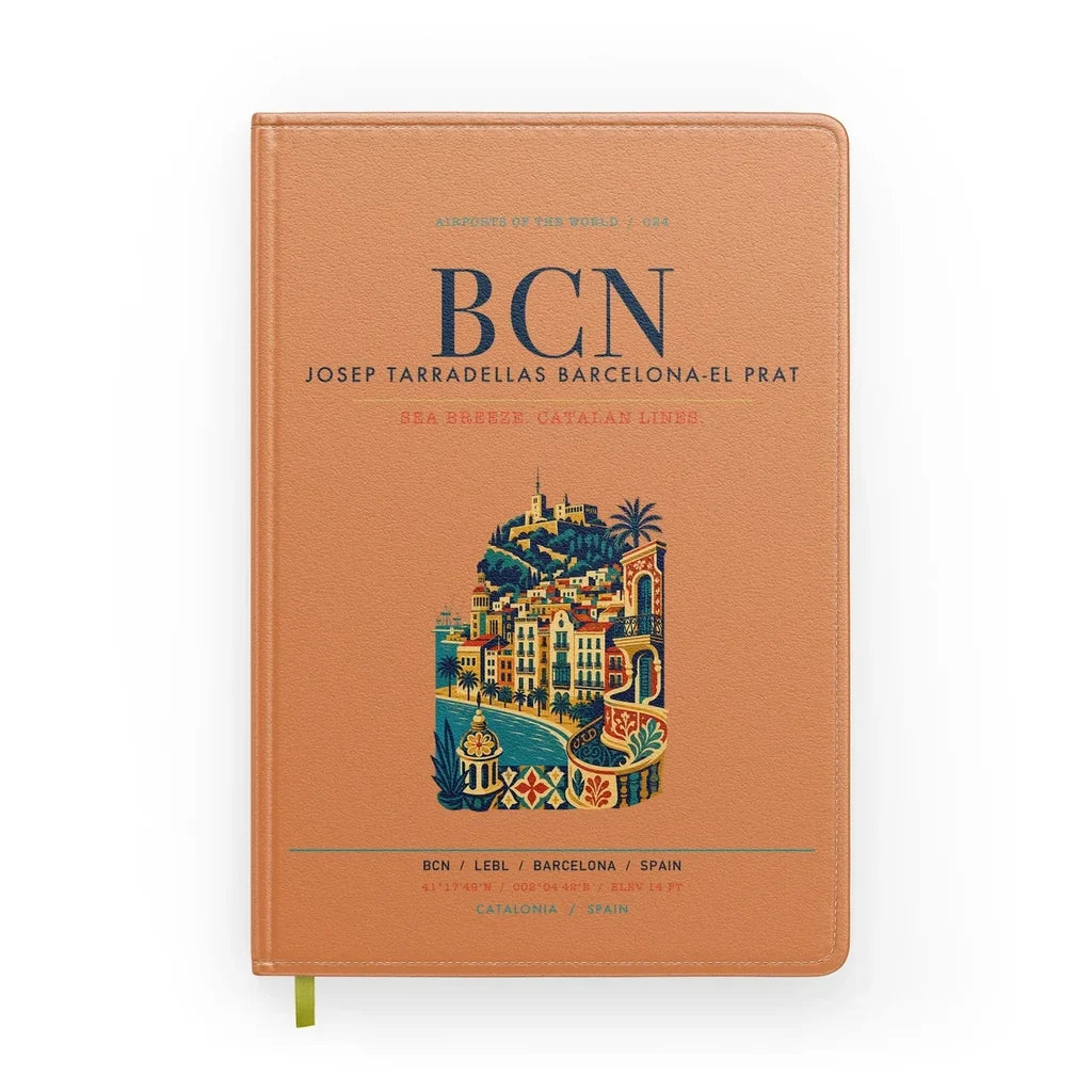 Josep Tarradellas Barcelona-El Prat Airport (BCN) design on orange notebook