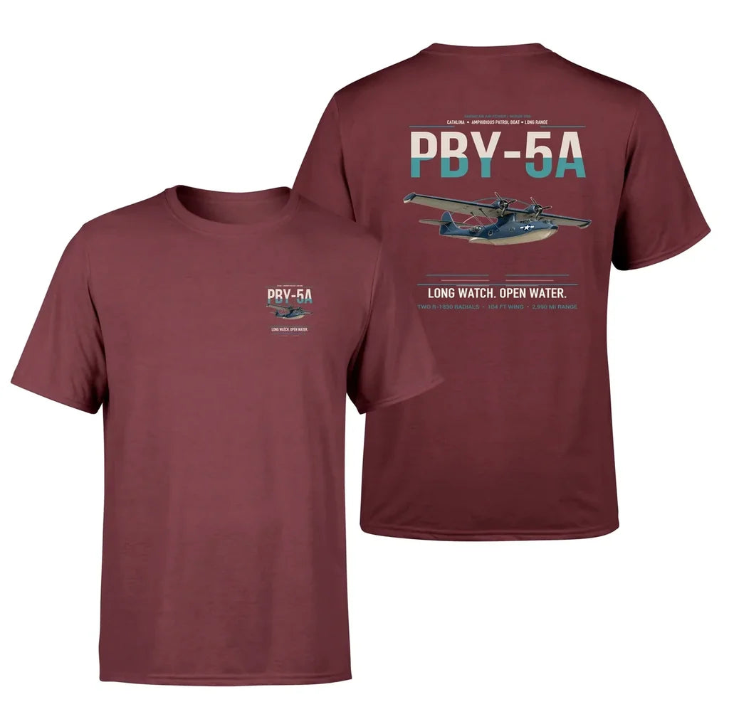 PBY-5A Catalina design on dark red double-side t-shirt, double-side print