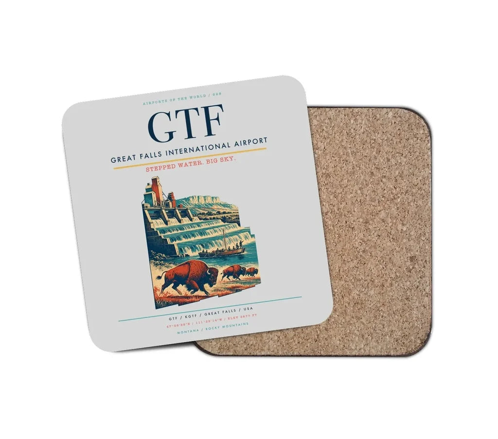 Great Falls International Airport (GTF) design on light gray 1 piece coaster