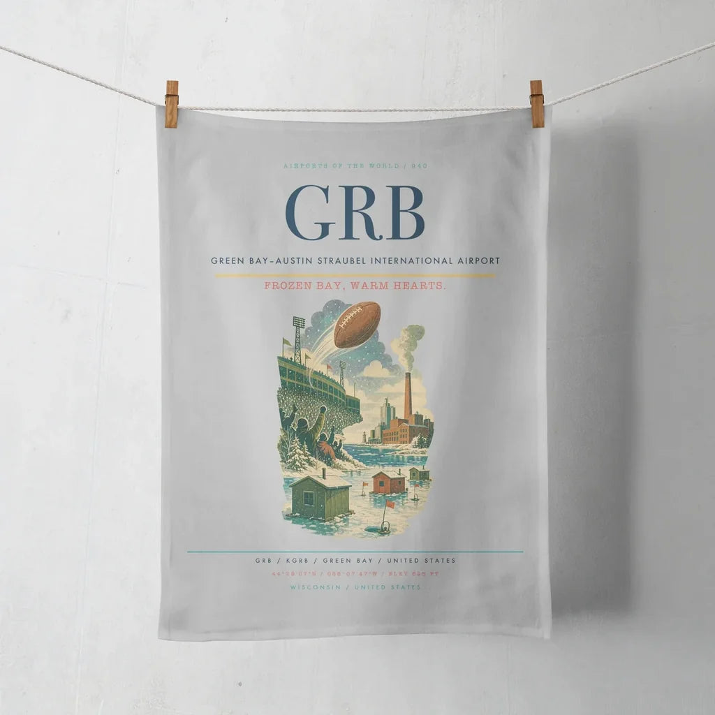Green Bay–Austin Straubel International Airport (GRB) design on light gray towel