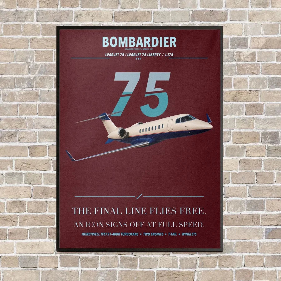 Bombardier Learjet 75 Liberty vertical canvas print - framed - dark red background