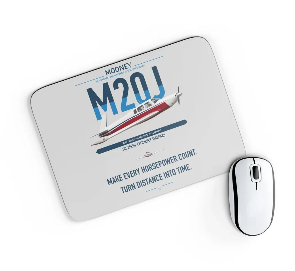 Mooney M20J 201 design on light gray rectangle mouse pad