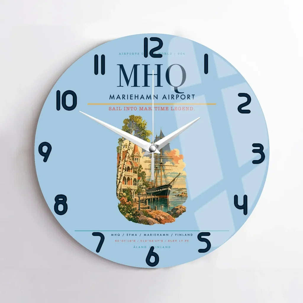 Mariehamn Airport (MHQ) design on light blue no frame wall clock