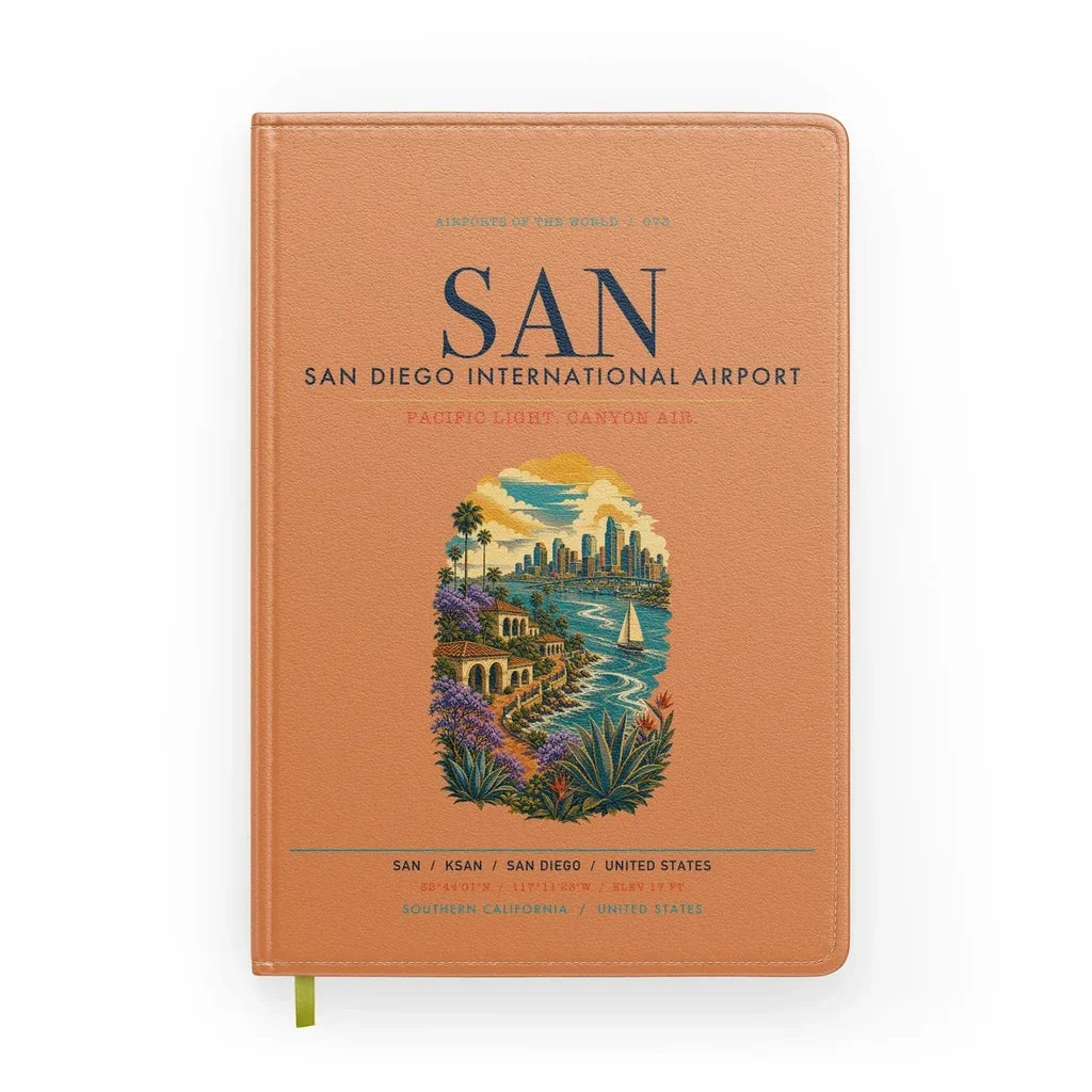 San Diego International Airport (SAN) design on orange notebook