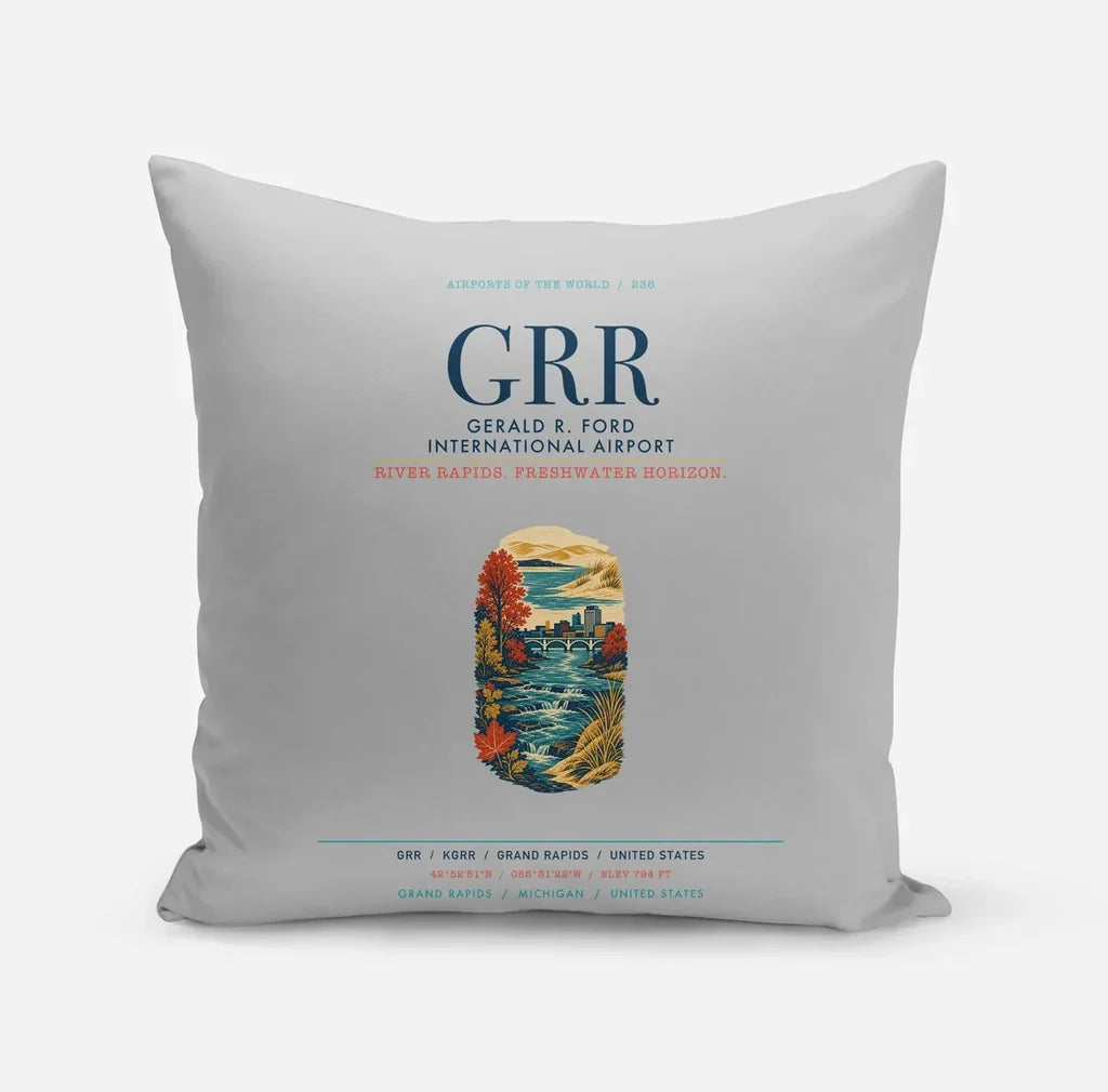 Gerald R. Ford International Airport Grand Rapids (GRR) design on light gray pillow