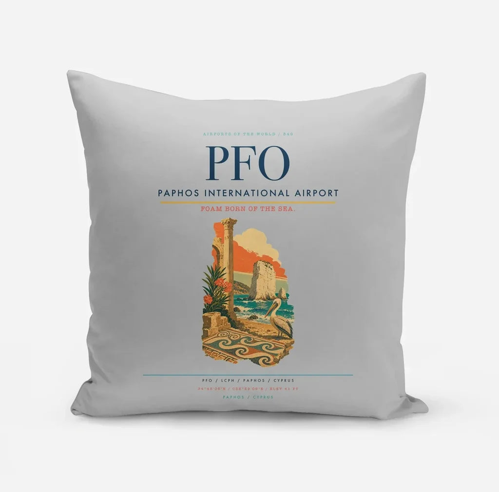 Paphos International Airport (PFO) design on light gray pillow