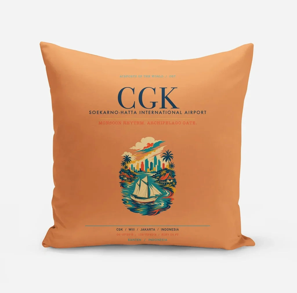Jakarta Soekarno-Hatta International Airport (CGK) design on orange pillow