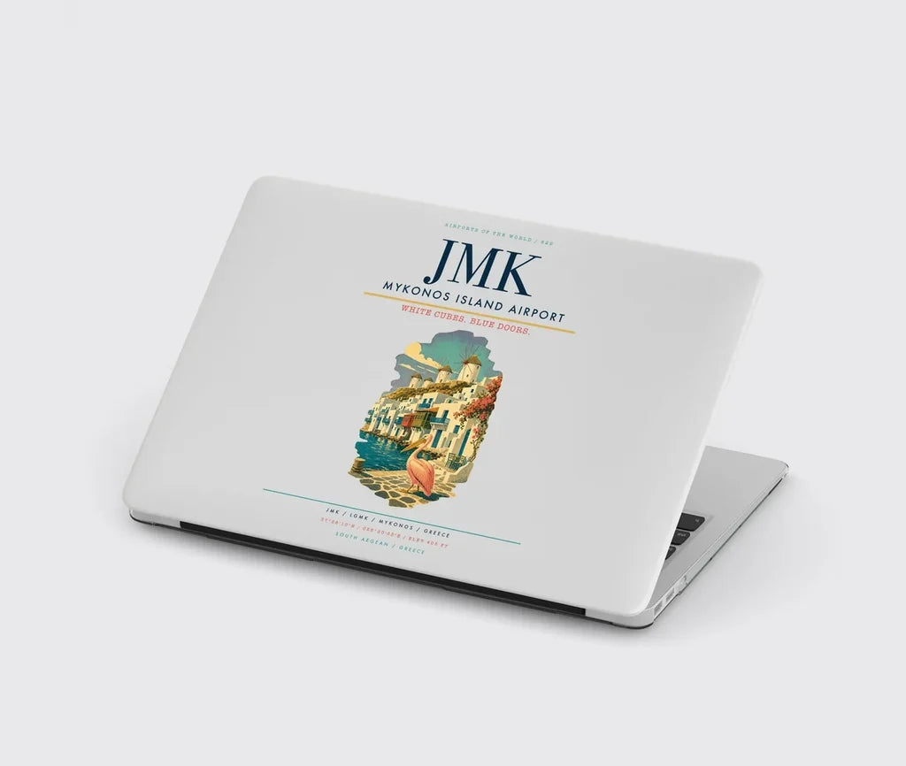 Mykonos Island Airport (JMK) design on light gray MacBook case