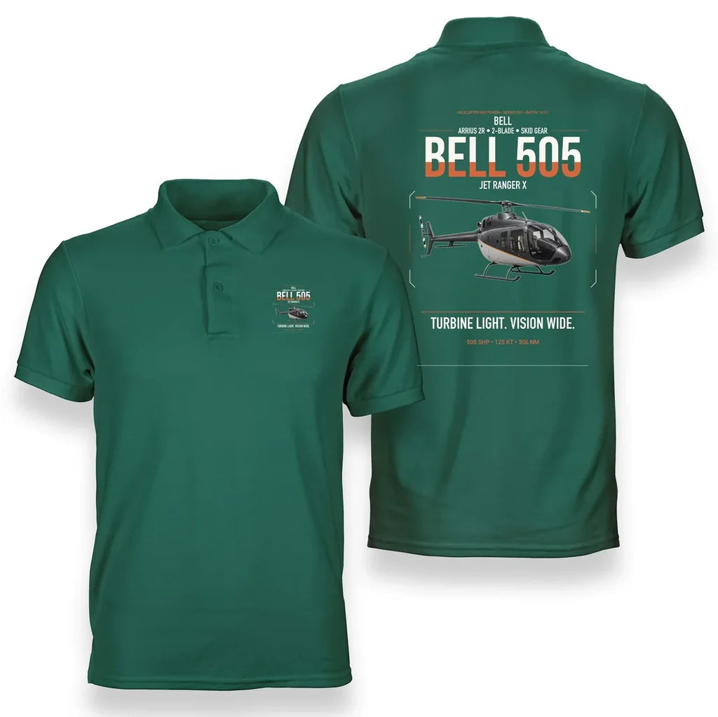 Bell 505 Jet Ranger X design on green double-side polo t-shirt, double-side print