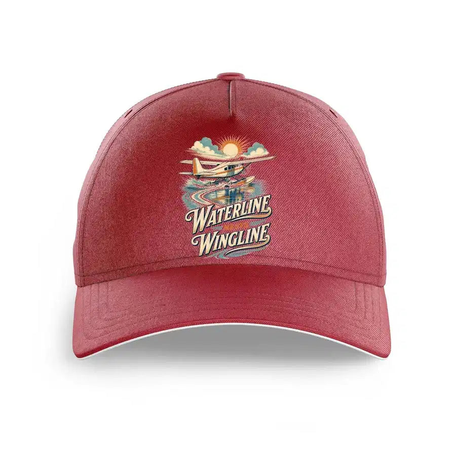 Waterline Meets Wingline design on dark red printed hat